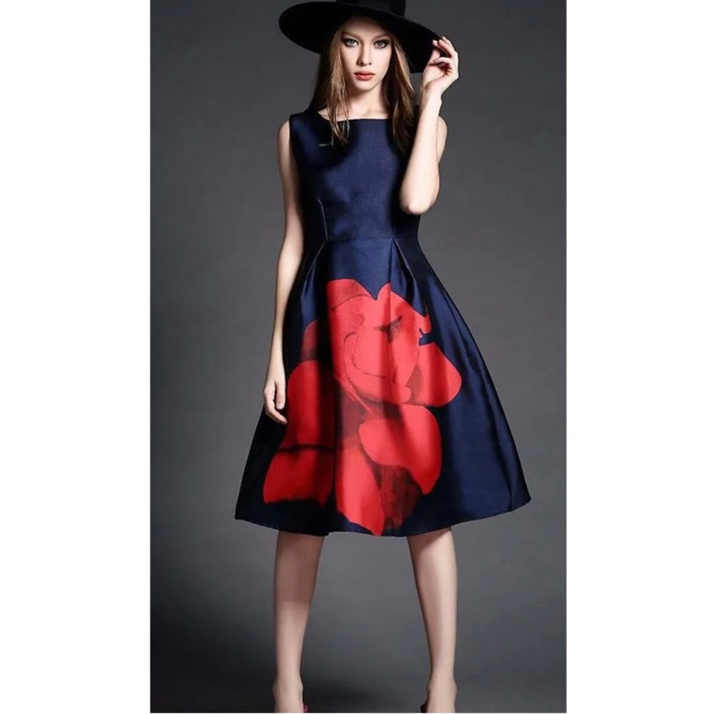 Fit & Flare, Navy Statement Red Flower, Satin,  Dress, size 6/8